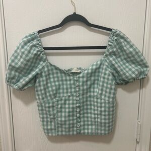 By Together Turquoise and white Gingham crop top puff sleeve top size large